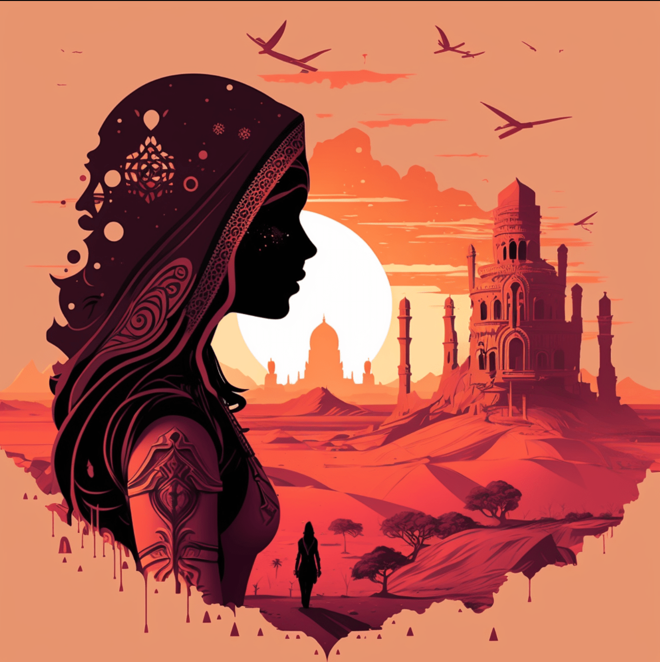woman gazing at Indian landscape artwork