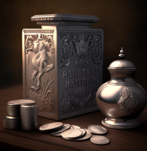 silver bullions and rupee coins artwork