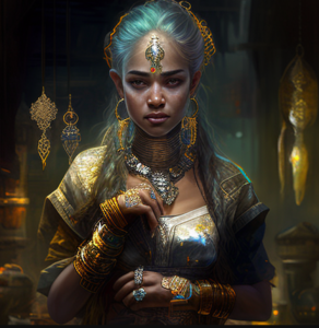 cyberpunk Indian woman adorning gold and silver artwork
