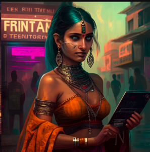 Indian woman buying Ethereum on tablet artwork