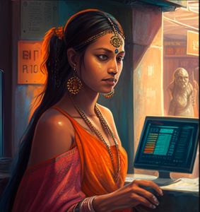 Indian woman buying Bitcoin by using a computer terminal - artwork