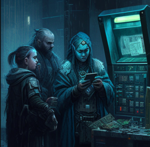 artwork of people opening accounts for NFT wallets in a futuristic setting