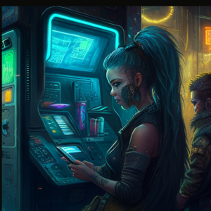 woman storing crypto in a futuristic crypto wallet - artwork