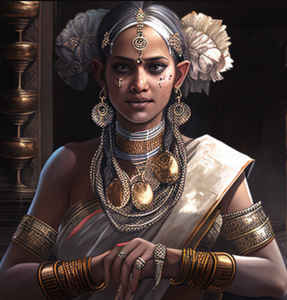 Indian woman adorning platinum and gold jewels - artwork