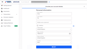 filling out application for Admiral Markets account