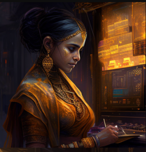Indian woman trading gold online artwork