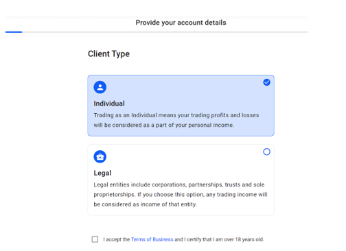 signing up for an individual or company account on Admiral Markets