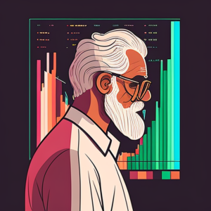 old Indian man against a stock chart background, yielding dividends - artwork
