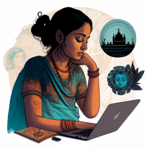 Indian woman buying Indian dividend stocks by using a laptop - artwork