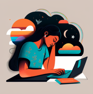 young Indian woman buying cheap Indian stocks at night using a laptop - artwork