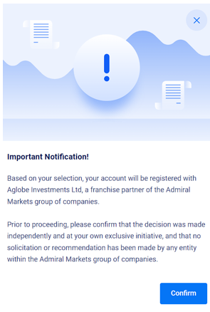 Risk disclaimer on sign-up on Admiral Markets