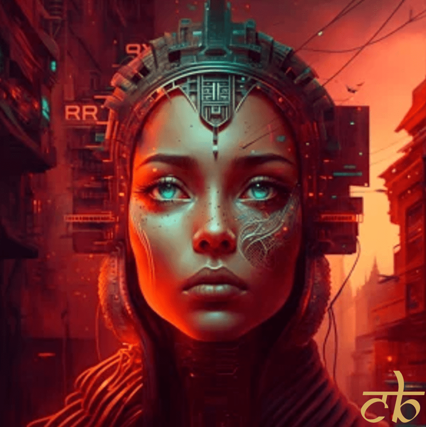 CoinBharat artwork of a woman enhancing her awareness with an AI-powered AR headset