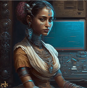 CoinBharat cyberpunk artwork of an Indian woman next to a quantum-powered computer