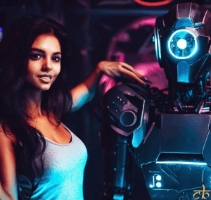 CoinBharat artwork of an Indian woman next to an AI-powered robot