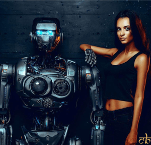 CoinBharat artwork of a woman next to an AI-powered robot