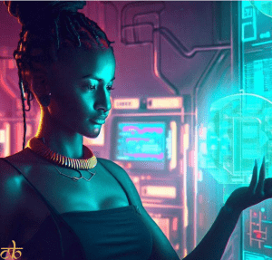 CoinBharat artwork of a Nigerian woman in a futuristic setting interacting with an AI software