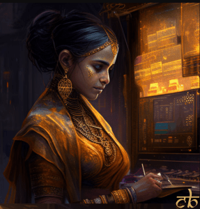 CoinBharat futuristic and elegant artwork of a gracious Indian woman investing in digital gold