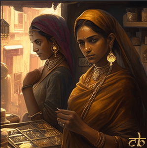 CoinBharat artwork of two Indian traders at a gold market