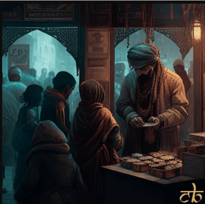 CoinBharat artwork of a gold market in a dark city landscape
