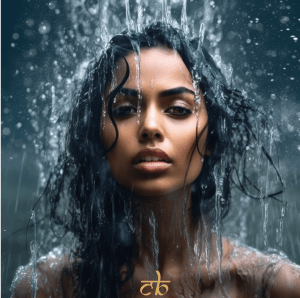 CoinBharat artwork of a beautiful woman bathing under a gentle waterfall