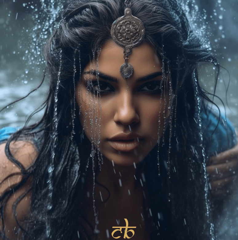 CoinBharat artwork of a beautiful Indian woman focusing her powers on bending water