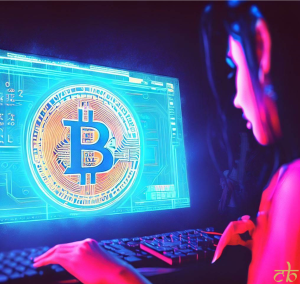 CoinBharat artwork of a woman's profile as she buys Bitcoin from a high-tech laptop