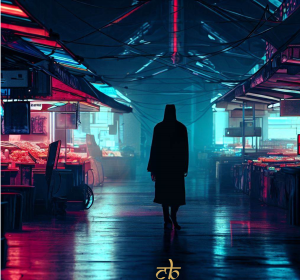 CoinBharat artwork depicting a shadowy figure in a market within a dark cyberpunk environment