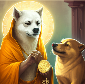 CoinBharat artwork of a Dogecoin divine-like figure bestowing fortune upon the Dogecoin mascot, in a manner reminiscent of Michelangelo's artwork