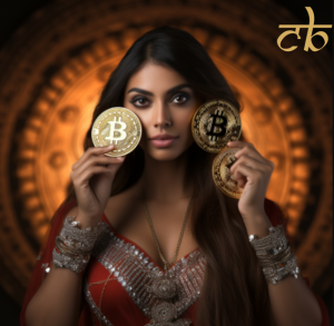 CoinBharat artwork of an Indian woman with goddess-like features wielding Bitcoin tokens