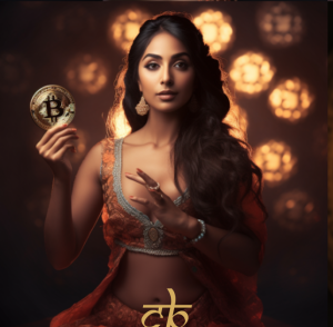 CoinBharat artwork of a goddess-like figure presenting a Bitcoin token