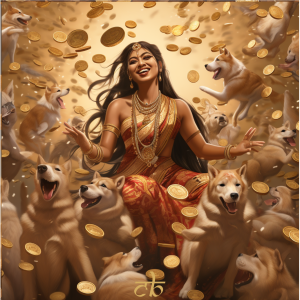 CoinBharat artwork of an goddess-like female figure surrounded by Shiba Inu dogs as SHIB token rain down