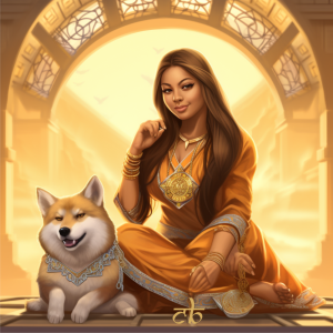 CoinBharat artwork of an opulent Indian woman with a Shiba Inu dog