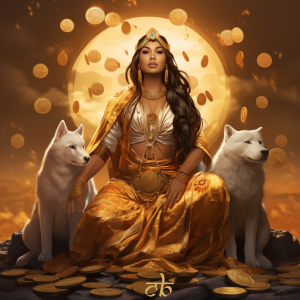 CoinBharat original artwork of a goddess-like figure wielding SHIB tokens in abundance, with Shiba Inu dogs guarding her