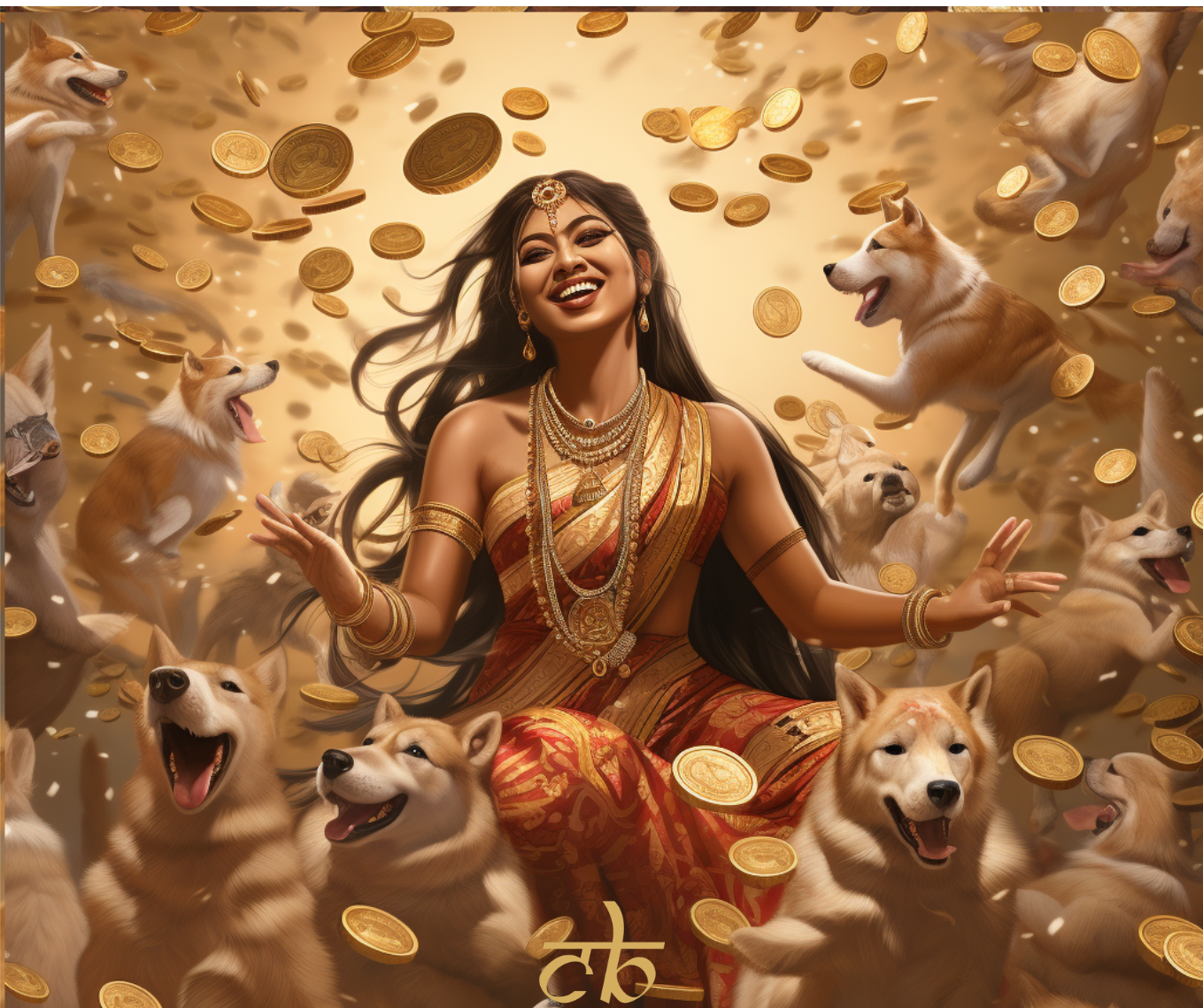 CoinBharat artwork of a beautiful goddess-like figure, surrounded by happy Shiba Inu dogs, gathering a fortune in SHIB token as rain down