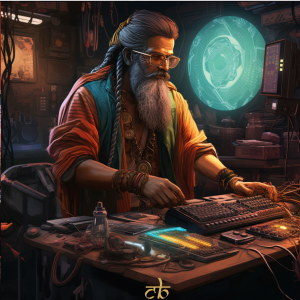 CoinBharat cyberpunk artwork of an elderly man mining cryptocurrency