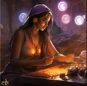 CoinBharat artwork of a beautiful Indian woman in a futuristic setting mining Litecoin