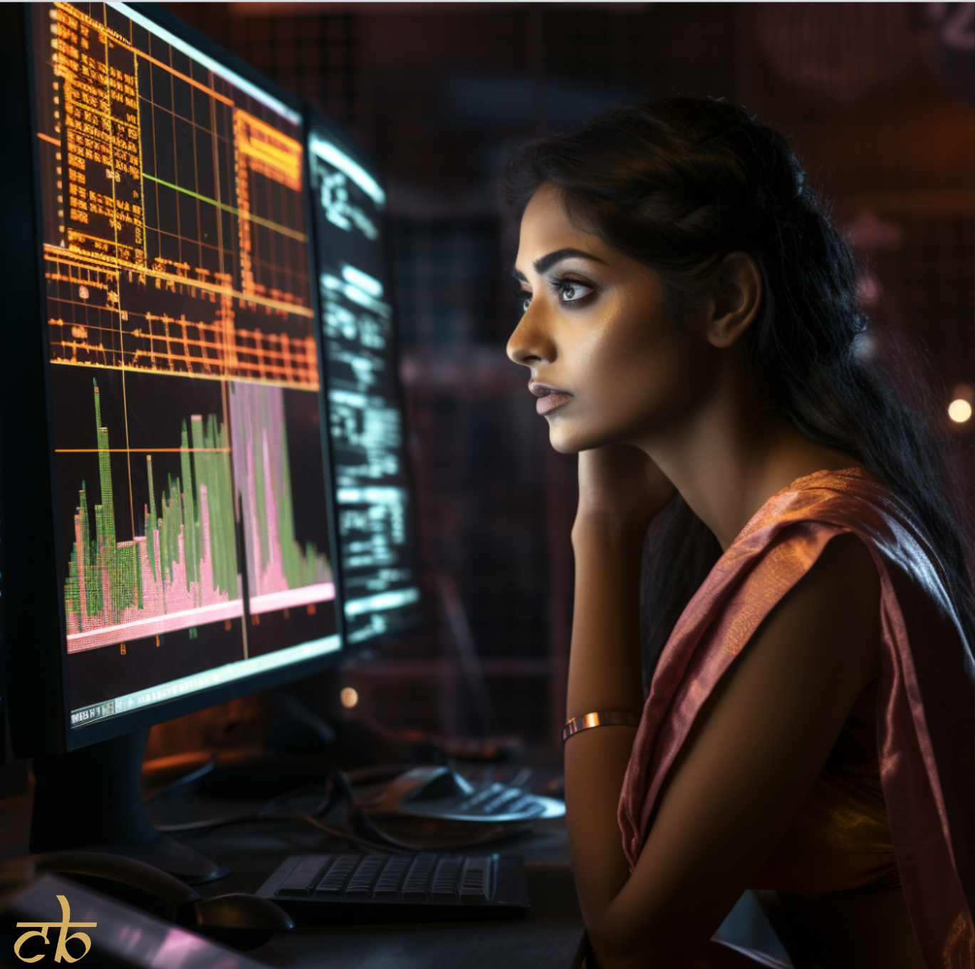 CoinBharat artwork of a financial expert analysing cryptocurrency graphs