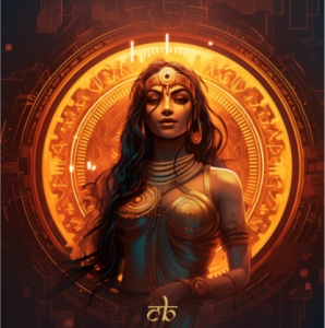 CoinBharat artwork of a beautful Indian woman, with deity-like characteristics, emerging from cryptocurrency token