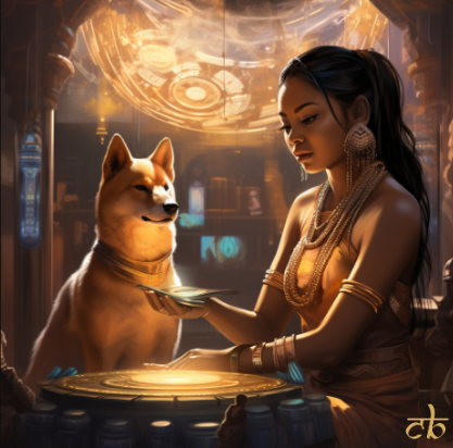 Beautiful woman with Shiba Inu dog buying Dogecoin - CoinBharat artwork