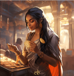 CoinBharat artwork of a beautiful Indian woman buying cryptocurrencies on her phone