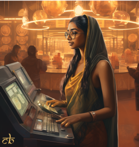 CoinBharat artwork of an Indian woman buying crypto tokens in a futuristic bar