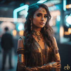 CoinBharat artwork of a beautiful woman at a futuristic cryptocurrency convention