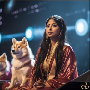 CoinBharat artwork of an Indian woman with a Shiba Inu dog at a futuristic crypto convention