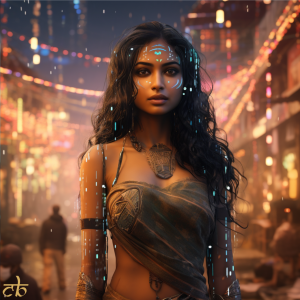 CoinBharat artwork of a beautiful Indian woman in a cyberpunk setting, featuring AI augmentations