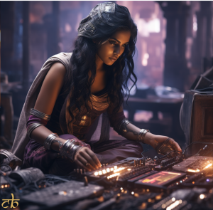 CoinBharat artwork of a woman working on futuristic PC hardware