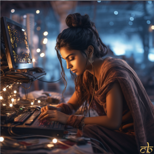 CoinBharat artwork of a beautiful programmer in a futuristic, cyberpunk setting