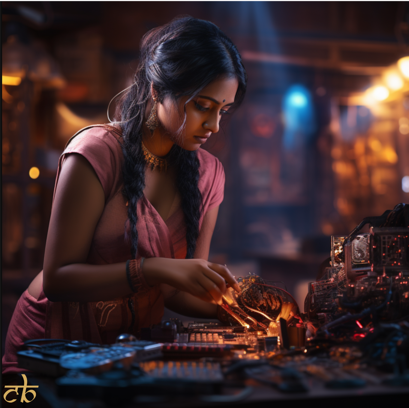 CoinBharat artwork of a beautiful Indian woman working on GPU hardware in a futuristic setting