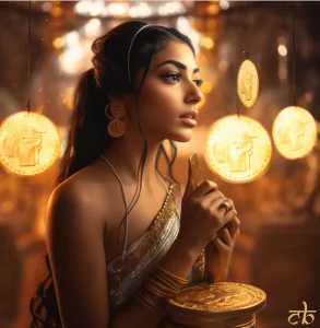 CoinBharat artistic rendering of an Indian woman burning crypto tokens