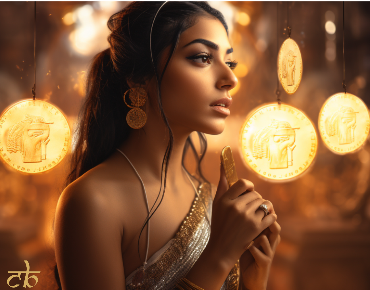 CoinBharat artistic rendering of an Indian woman burning crypto tokens, version 2
