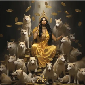 Indian beauty surrounded by Shiba Inu dogs and tokens